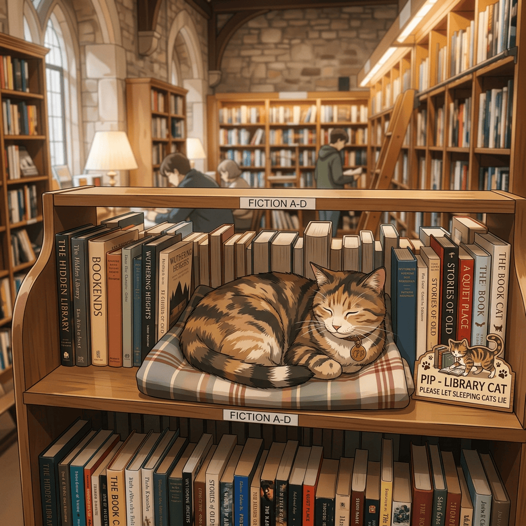 Sleeping cat named Pip on a blanket in a library fiction section