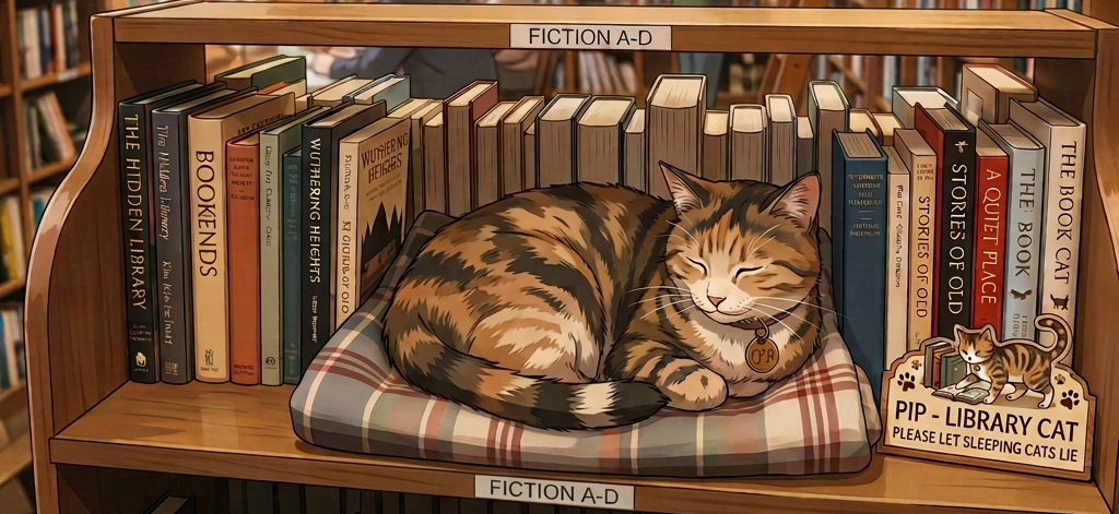 Pip the Library Cat Among Fiction Shelves Sleeping cat named Pip on a blanket in a library fiction section