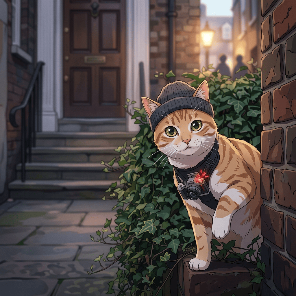 Orange-and-white cat wearing a knit hat and tiny camera harness