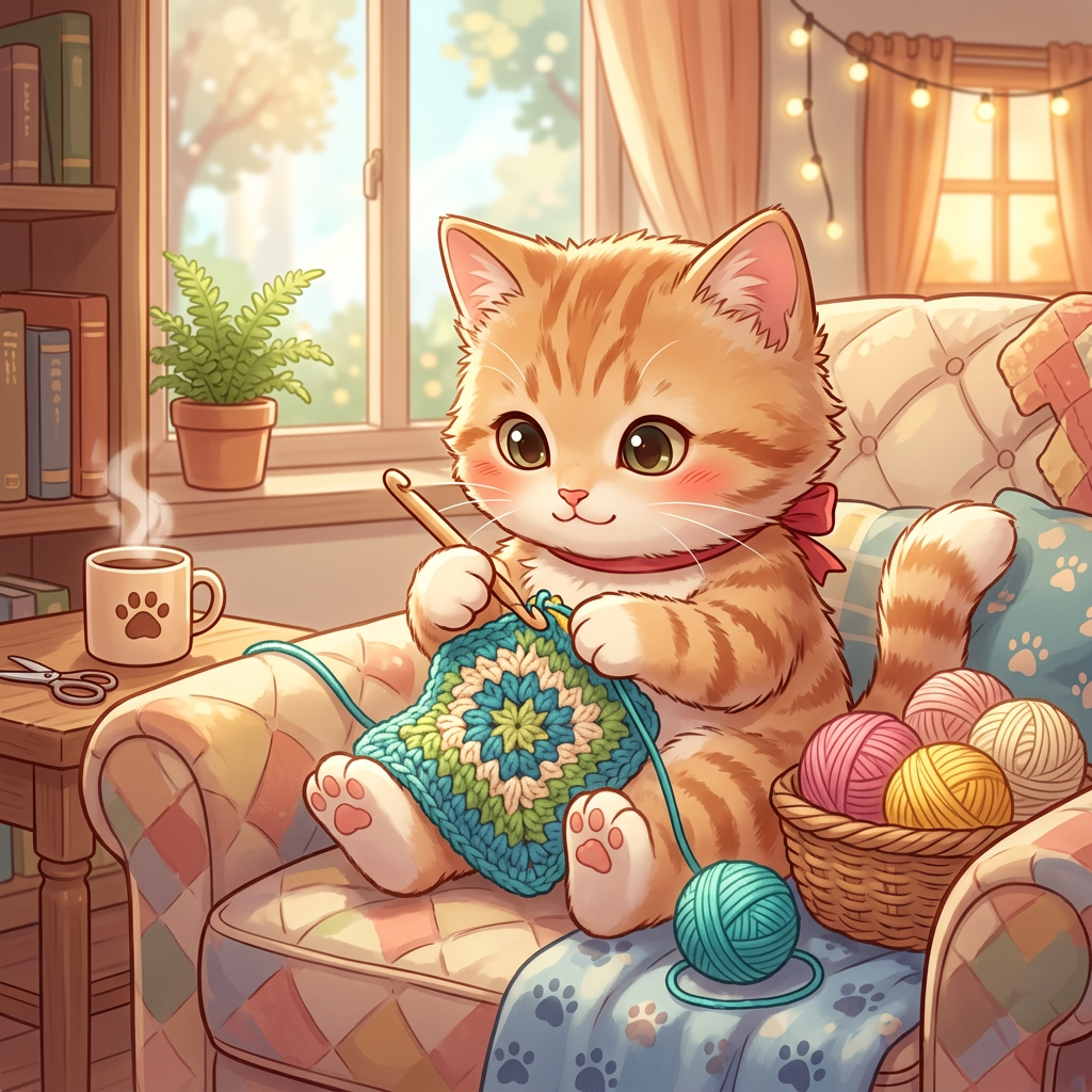 Cartoon kitten knitting a colorful blanket on a cozy armchair