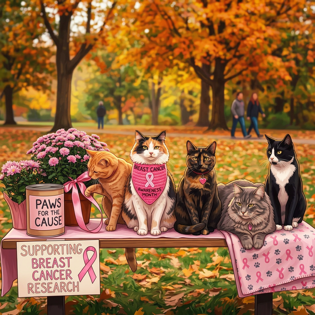Four cats beside signs reading “PAWS FOR THE CAUSE,” “BREAST CANCER AWARENESS MONTH,” and “SUPPORTING BREAST CANCER RESEARCH.”