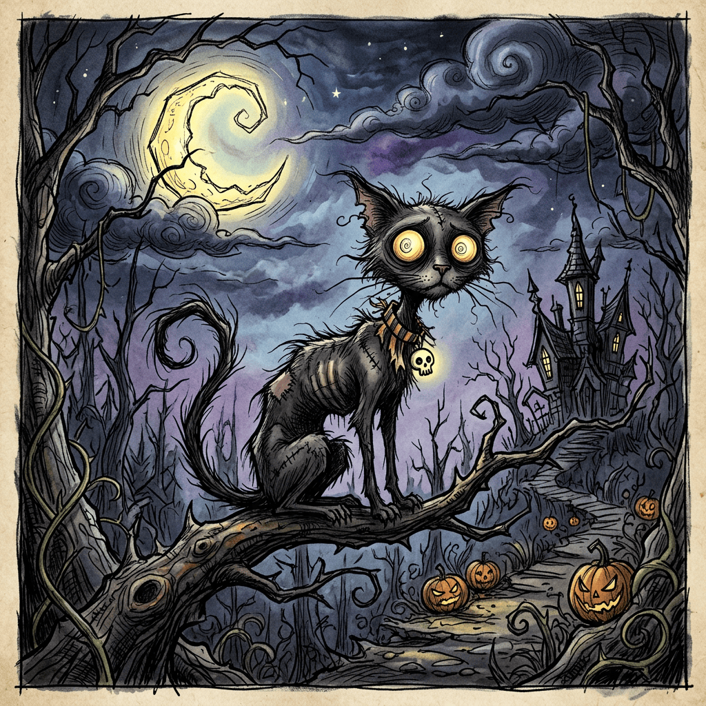 Wide-eyed black cat perched on branch before haunted house and pumpkins